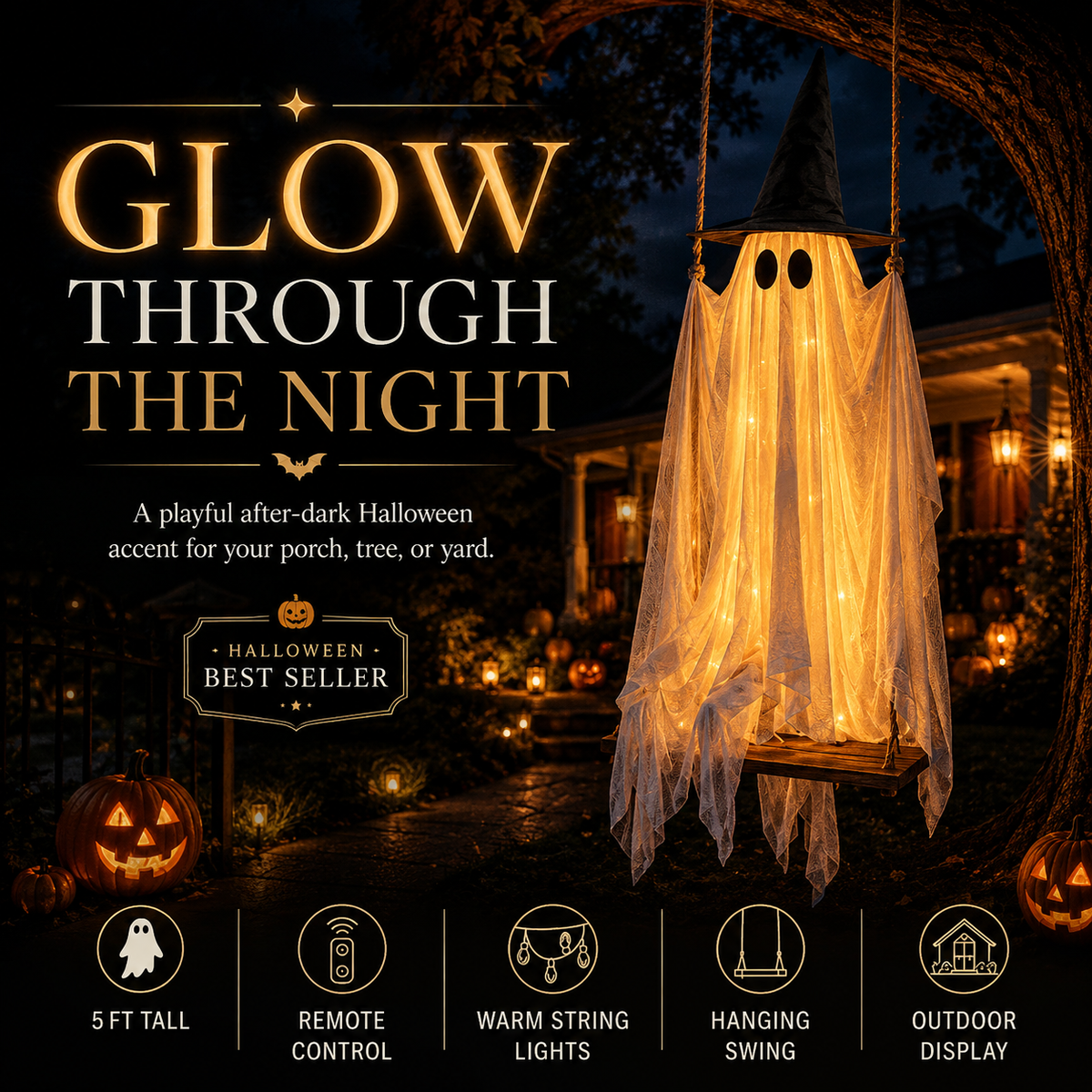 🔥👻 LED Swinging Ghost Halloween Decoration — Glowing, Spooky & Perfect for Haunted Yard Decor