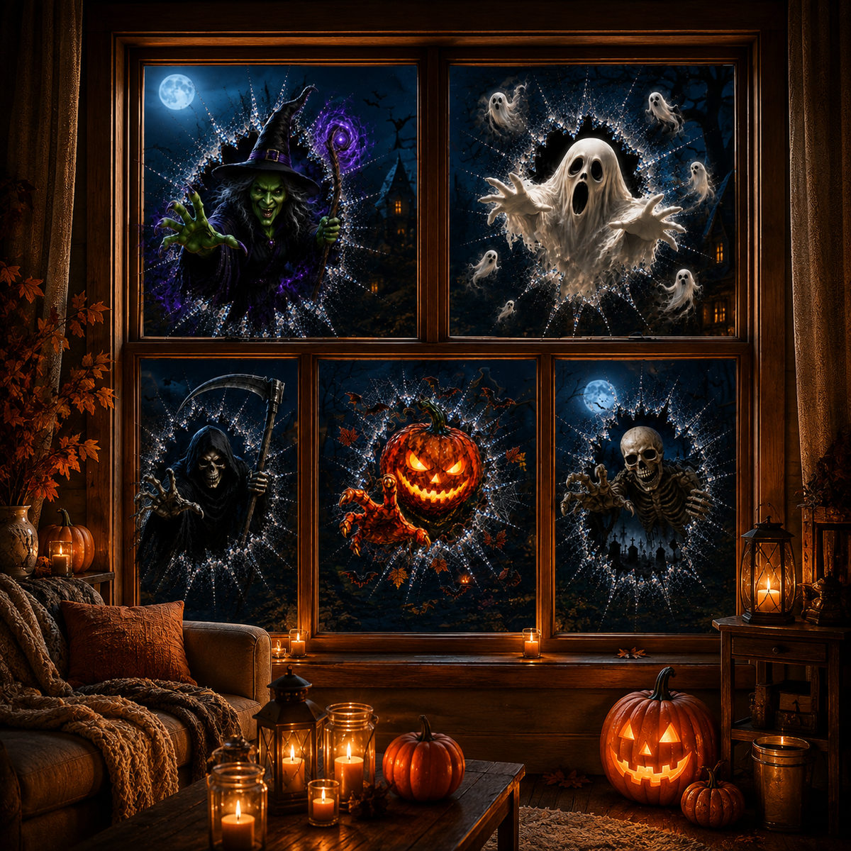 2026-os halloweeni ablakmatricák – 🎃🔥 Félelmetes 3D törött üveg dekorációk a tökéletes kísértetjárta hangulathoz
