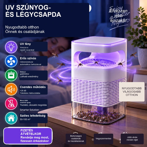 🦟 UV szúnyog- és rovarcsapda átlátszó gyűjtőtartállyal