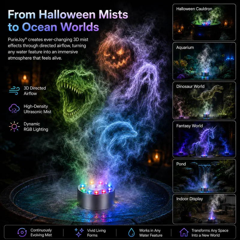 PurieJoy® 🪄🎃 3D dinamikus RGB ködszobrász — Változtasd a vizet életre kelő, színes köddé 👻