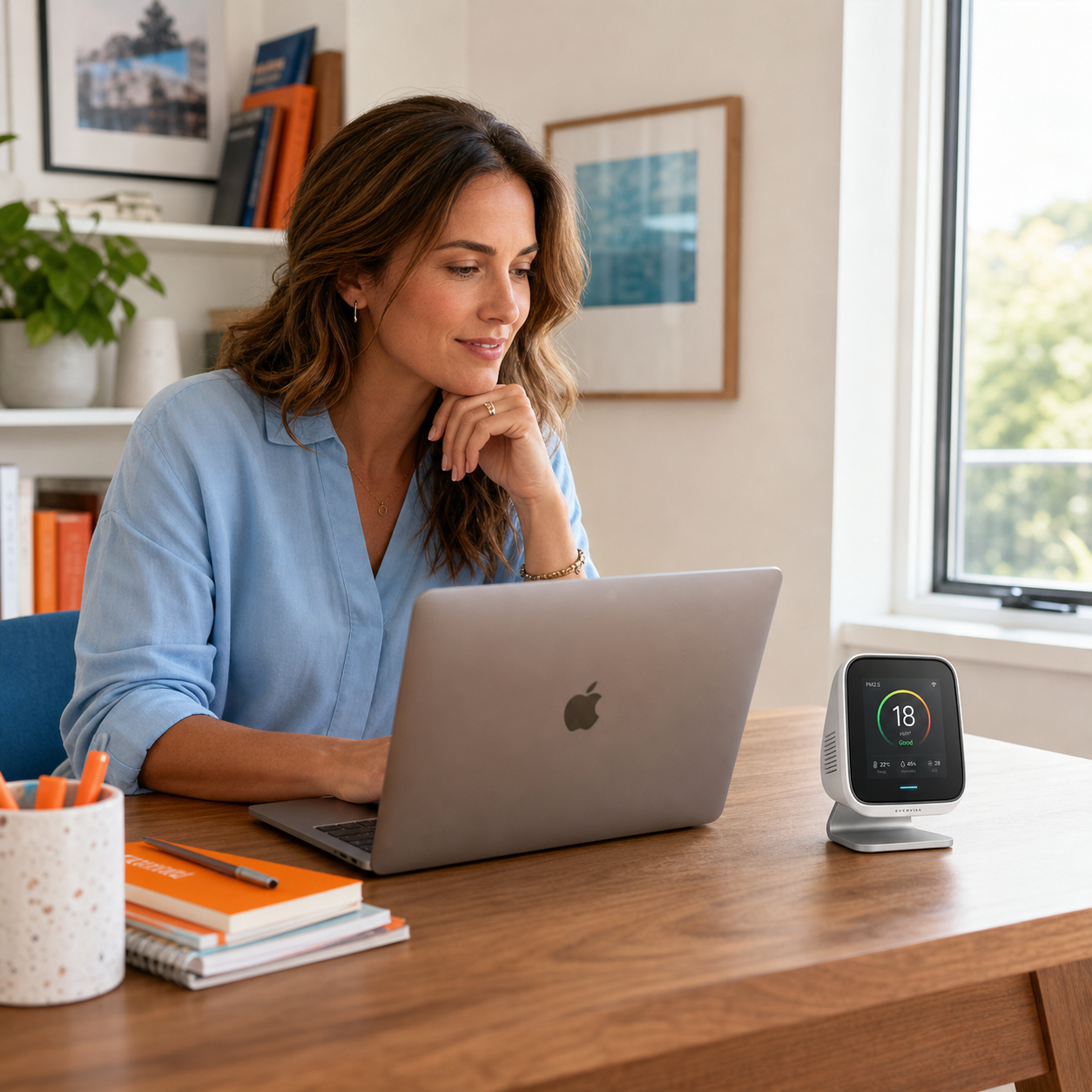 Evervixa intelligent air monitor in a bright home office